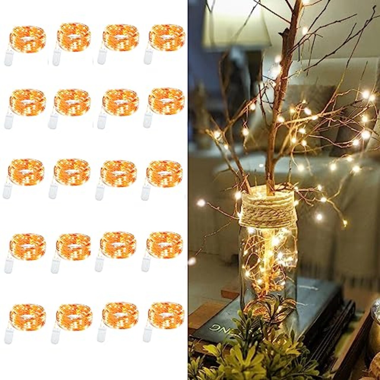 20 Pack LED Fairy Lights Battery Operated String Lights - 3.3ft 20 LED,Copper Wire Warm White | Wedding,Party Centerpieces,Table Decor | DIY Crafts,Graduation,Home Decor | Mason Jars Décor